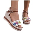 thumbnail image 1 of Rokment Womens Ethnic Platform Wedges Dress Sandals Bohemian Summer Vintage Colorful Linen Sole Chunky High Heeled Dressy Sandals for Woman Beach Vacation White Size8, 1 of 7