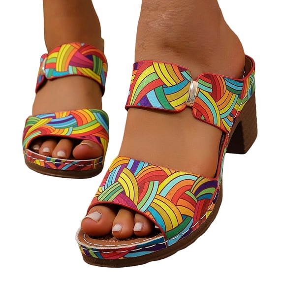 Rokment Womens Ethnic Retro Platform Slip on Dress Sandals Bohemian Beach Vintage Casual Leather Arch Support Chunky Block High Heels Slides Slippers for Vacation Pink Size 6