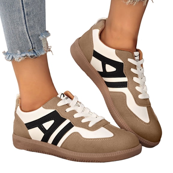 Rokment Womens Fashion Sneakers 2026 Spring Fall Stylish Leather Suede Patchwork Color Block Casual Walking Flat Tennis Shoes Black Size 6