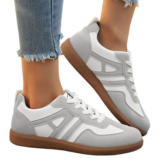 Rokment Womens Fashion Sneakers 2026 Spring Fall Stylish Leather Suede Patchwork Color Block Casual Walking Flat Tennis Shoes Grey Size 9.5
