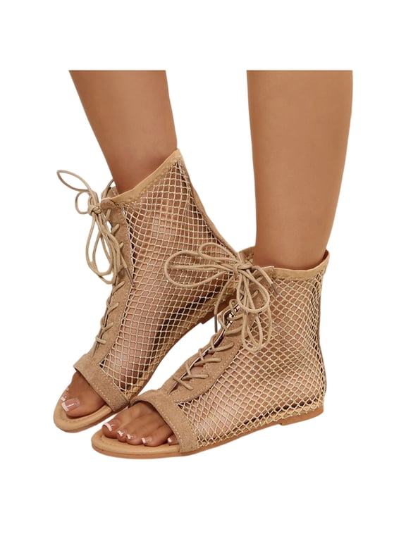 Womens Fishnet Open Toe Lace up Low Heels Dressy Ankle Boots Fashion Casual Mesh See Through Dress Flat Sandals for Ladies Bride Wedding 2026 Gold Size 7