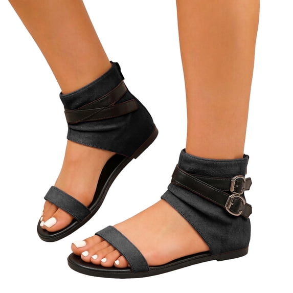 Rokment Womens Flat Dressy Sandals Roman Retro Slouchy Suede Cut out Buckles Open Toe Summer Dress Ankle Booties Beach Casual Short Boots with Back Zipper Black Size 7