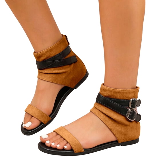 Rokment Womens Flat Dressy Sandals Roman Retro Slouchy Suede Cut out Buckles Open Toe Summer Dress Ankle Booties Beach Casual Short Boots with Back Zipper Brown Size 9.5
