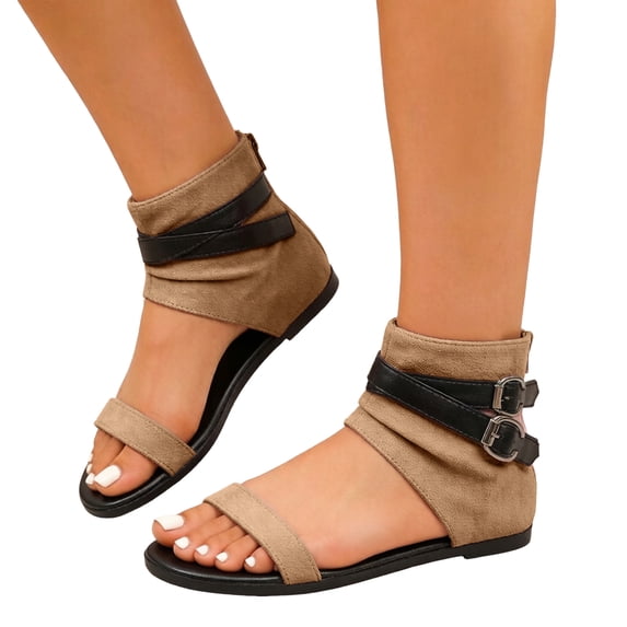 Rokment Womens Flat Dressy Sandals Roman Retro Slouchy Suede Cut out Buckles Open Toe Summer Dress Ankle Booties Beach Casual Short Boots with Back Zipper Coffee Size 8.5