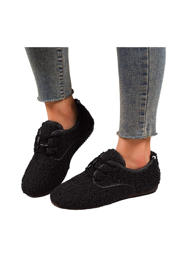 Womens Fleece Winter Ballet Flat Walking Boots Comfortable Casual Warm Plush Lined Fuzzy Snow Booties Low Heel Dress Fashion Sneakers Black Size 6