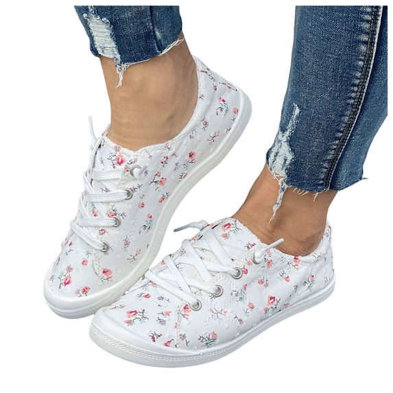 Rokment Womens Floral Low Profile Fashion Sneakers Casual Canvas Flower Lace up Lightweight Comfort Non Slip Walking Flats Tennis Skate Shoes for Outdoor Travel