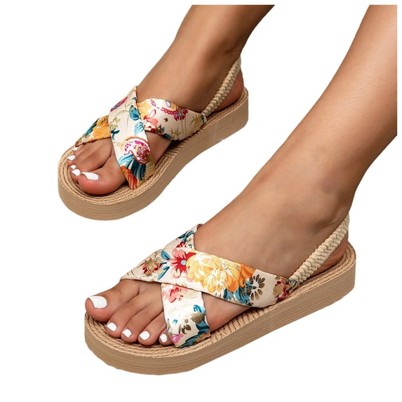 Rokment Womens Floral Platform Slingback Dress Sandals Boho Beach Casual Yoga Mat Cushioned Comfortable Elastic Ankle Strap Slingback Flat Summer Shoes Gold Size 8