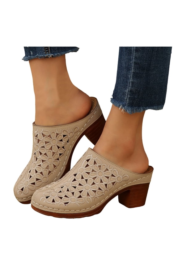 Womens Flower Embroideried Hollow out Clog Mules Dressy Sandals Fashion Casual Leather Closed Toe Platform Chunky High Heels Dress Slip on Slides for Women Beach Summer Beige Size 9