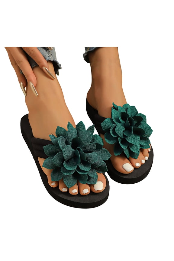 Womens Flower Flip Flops Bohemian Beach Casual Floral Black Memory Foam Platform Dress Slip on Slippers Summer Vacation Yoga Mat Cushion Thongs Slides Green Size 7