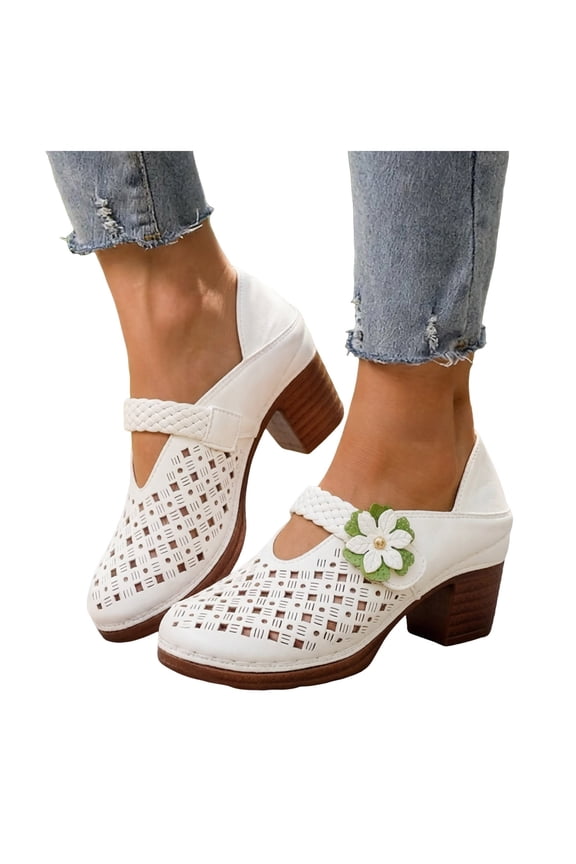 Womens Flower Platform Clogs Dressy Sandals Boho Beach Hollow Out Closed Toe Braided Ankle Strap Chunky Block Heels Open Back Slides Comfortable Dress Shoes