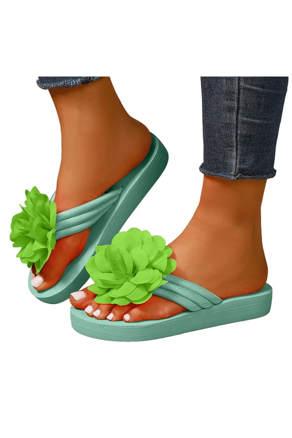 Womens Flower Platform Flip Flops Slippers Boho Beach Summer Lightweight Memory Foam Yoga Mat Water Pool Sandals Comfortable Walking Dress Slip On Slides for Indoor Outdoor L Size 7