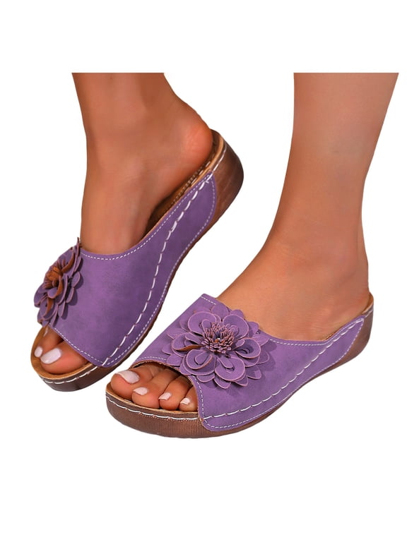 Womens Flower Platform Orthopedic Dress Sandals Comfortable Leather Peep Toe Arch Support Wedge Slip on Mid Heels Walking Summer Shoes Purple Size 9