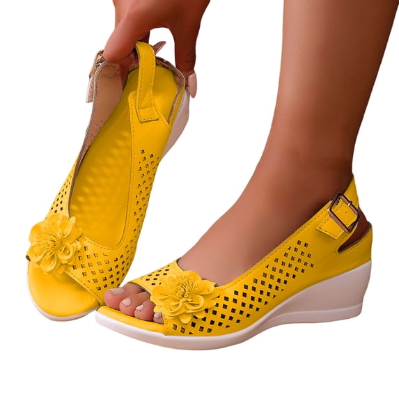 Rokment Womens Flower Wedge Dressy Sandals Boho Beach Vintage Casual Leather Hollow out Peep Toe High Heels Slingback Dress Summer Shoes with Adjustable Back Straps Yellow Size 6.5