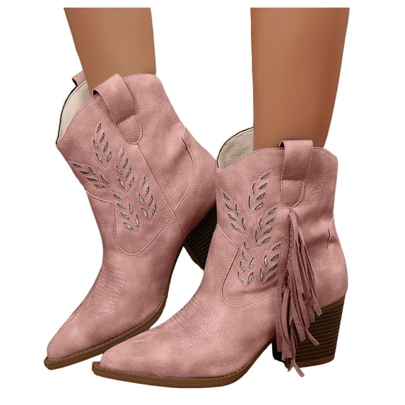 Rokment Womens Fringed Openwork Wide Mid Calf Cowboy Boots Fall Winter Casual Suede Embroidered Pointed Toe Chunky Stacked Heels Cowgirl Dress Booties