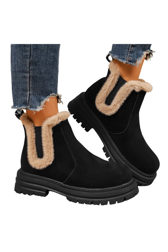 Womens Fuzzy Platform Chelsea Winter Snow Boots Fashion Casual Warm Plush Lined Chunky Mid Heel Slip on Ankle Booties for Ladies Black Size 6.5