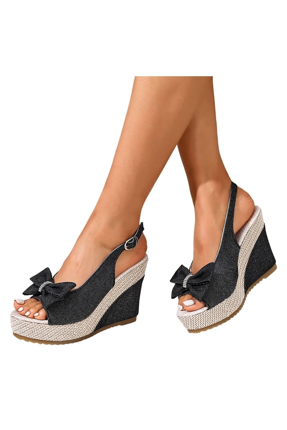 Womens Glitter Rhinestones Bow Platform Wedge Dressy Sandals Summer Fashion Casual Denim Open Peep Toe Chunky High Heels Slingback Dress Summer Shoes for Bride Wedding Black Size 6.5