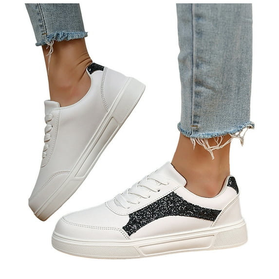 Rokment Womens Glitter Sequin Platform Low Top Fashion Sneakers White Spring Fall Trendy Casual Leather Walking Tennis Skate Skateboard Shoes Black Size 6.5