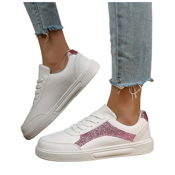 Rokment Womens Glitter Sequin Platform Low Top Fashion Sneakers White Spring Fall Trendy Casual Leather Walking Tennis Skate Skateboard Shoes Pink Size 9