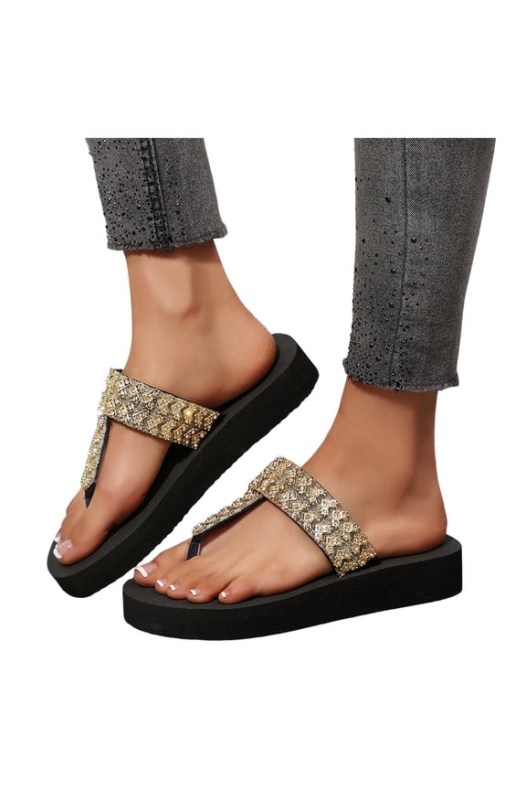 Womens Gold Glitter Rhinestones Dress Flip Flops Vintage Bling Memory Foam Platform Thongs Slip on Sandals Retro Boho Beach Summer Casual Flat Slides Slippers Gold Size 8.5