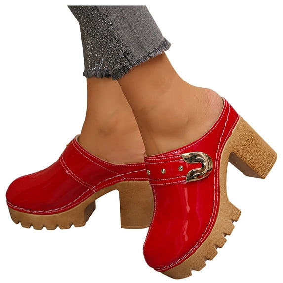 Rokment Womens Gold Metallic Studded Platform Chunky High Heels Clogs Backless Sandals Trendy Leather Extra Pumps Half Slippers Dress Heeled Mules Red Size 9.5