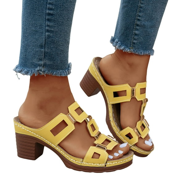 Rokment Womens Graphic Dress Slides Sandals 2026 Summer Fashion Metallic Leather Open Toe Orthopedic Arch Support Chunky Block Slip on High Heels Yellow Size 9.5
