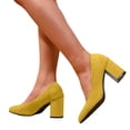 thumbnail image 1 of Rokment Womens High Heels Dress Shoes for Ladies Business Office Work Spring Fall Fashionable Suede Solid Pointed Toe Chunky Block Formal Dressy Pumps with 3 Inch Heeled Yellow Size 8, 1 of 7