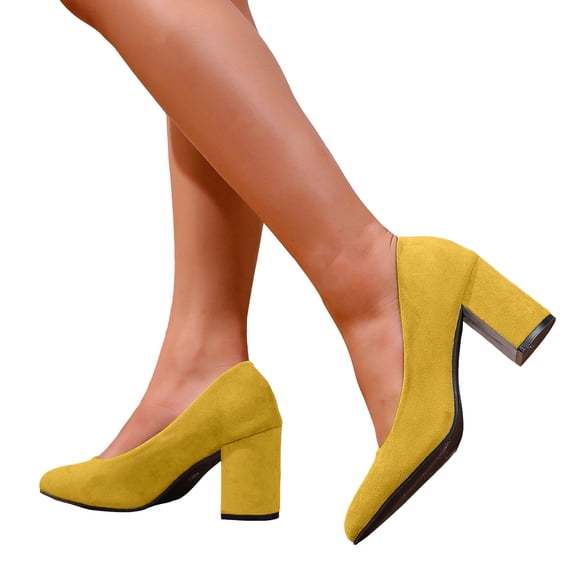 Rokment Womens High Heels Dress Shoes for Ladies Business Office Work Spring Fall Fashionable Suede Solid Pointed Toe Chunky Block Formal Dressy Pumps with 3 Inch Heeled Yellow Size 8