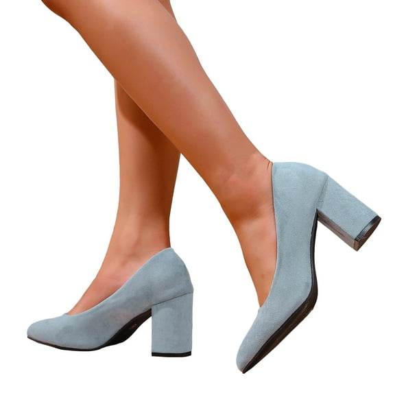 Rokment Womens High Heels Dress Shoes for Ladies Business Office Work Spring Fall Fashionable Suede Solid Pointed Toe Chunky Block Formal Dressy Pumps with 3 Inch Heeled Blue Size 7.5