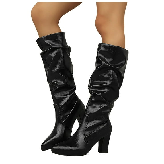 Rokment Womens High Heels Slouchy Knee High Boots Fall Winter Fashion Slouch Leather Pointed Toe Block Pumps Wide Calf Tall Dress Boots for Ladies Black Size 6.5