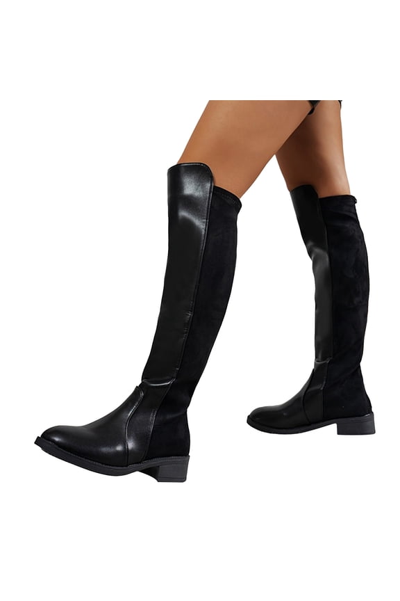 Womens over The Knee Boots Winter Spring Fashion Leather Suede Patchwork Pointed Toe Chunky Block Mid Heel Wide Calf Thigh High Long Tall Dress Boots Black Size 6