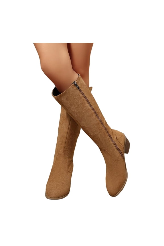 Womens Knee High Boots Brown Fashion Winter Fall Suede Size Zipper Stackable Mid Heel Wide Calf Tall Dress Boots Khaki Size 7