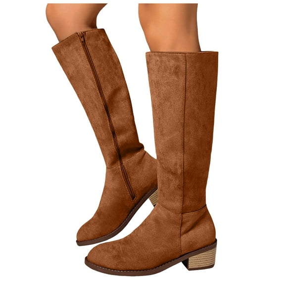 Rokment Womens Knee High Boots with Side Zipper Fall Winter Fashion Suede Pointed Toe Chunky Low Heel Mid Calf Dress Tall Boots for Ladies Brown Size 9