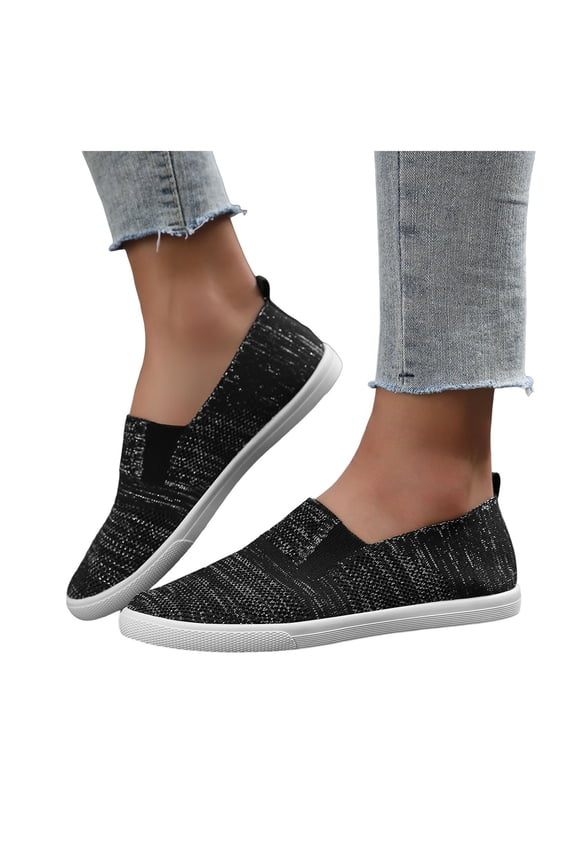 Womens Knit Slip on Flat Walking Shoes Comfortable Lightweight Soft Sole Non-Slip Nursing Work Driving Loafers Fall Casual Footwear Black Size 6