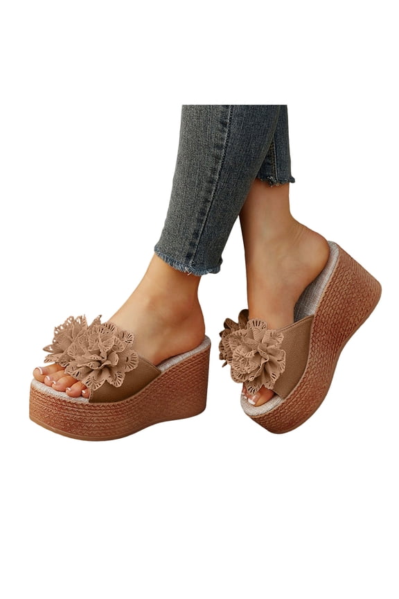 Womens Lace Flower Platform Wedges Slip on Dress Sandals Bohemian Beach Fashion Casual Bridal Leather Height Increasing Chunky Heeled Slides Summer Shoes Brown Size 9.5