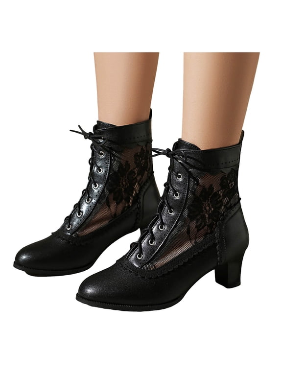 Womens Lace Leather Patchwork Dress Ankle Boots Vintage Lace up Pointed Toe Chunky Heel Mesh Breathable Combat Booties Side Zipper for Party Wedding