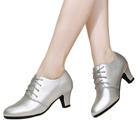 Rokment Womens Latin Dance Shoes Modern Leather Lace up Ballroom Teaching Practice Performance Tap Shoes Silver Size 8