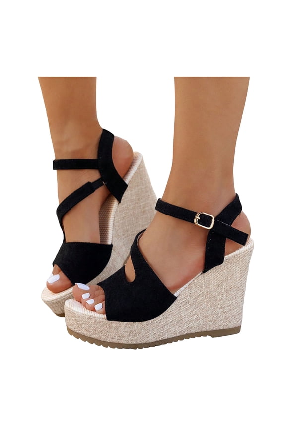 Womens Leopard Espadrilles Wedge Dress Sandals Stylish Casual Suede Peep Toe Ankle Strap Chunky Ultra High Heels Platform Dressy Summer Shoes Black Size 9