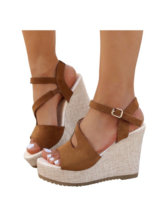 Womens Leopard Espadrilles Wedge Dress Sandals Stylish Casual Suede Peep Toe Ankle Strap Chunky Ultra High Heels Platform Dressy Summer Shoes Brown Size 9.5