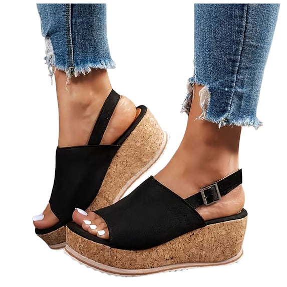 Rokment Womens Leopard Platform Wedge Sandals 2026 Summer Fashion Casual Suede Open Toe Chunky High Heels Slingback Gladiator Dress Sandals for Woman Black Size 6