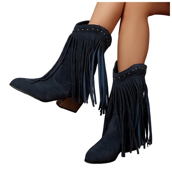 Rokment Womens Long Tassel Studded Wide Calf Cowboy Boots Ethnic Retro Suede Pointed Toe Chunky Block High Heels Mid-Calf Western Cowgirl Dress Booties
