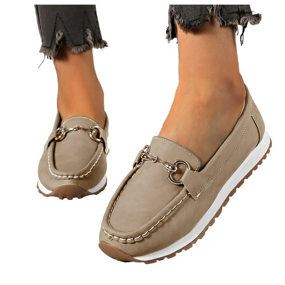 Rokment Womens Memory Foam Slip on Penny Loafers Classic Trendy Casual Leather Walking Shoes Spring Fall Comfortable Non Slip Work Dressy Oxfords Khaki Size 9.5