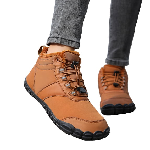 Rokment Womens Mens Furry Lined Barefoot Water Snow Boots Waterproof Wide Toe Zero Drop Non Slip Hiking Ankle Booties Brown Size 10