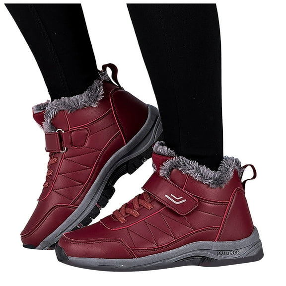 Rokment Womens Mens Winter Snow Hiking Boots with Fleece Lined Waterproof Non Slip Orthopedic Walking Work Ankle Booties Red Size 10