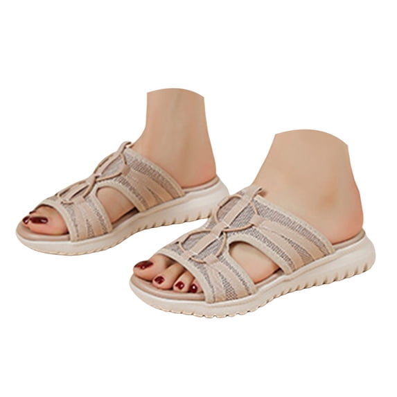 Rokment Womens Mesh Orthopedic Memory Foam Walking Slipper Sandals Breathable Comfortable Cushioned Wedges Low Heel Beach Slip on Wide Width Nursing Outdoor Sports Slides Summer Shoes Khaki Size 9