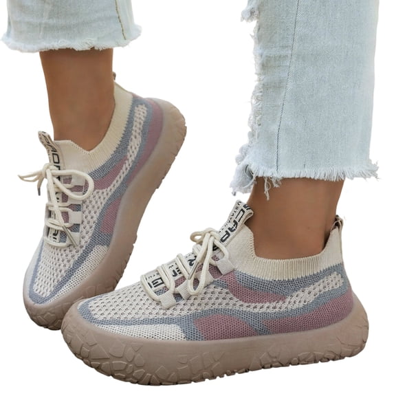 Rokment Womens Mesh Slip On Chunky Flat Fashion Sneakers Breathable Lightweight Color Block Knit Casual Platform Non Slip Walking Shoes for Outdoor Summer Fall 2026