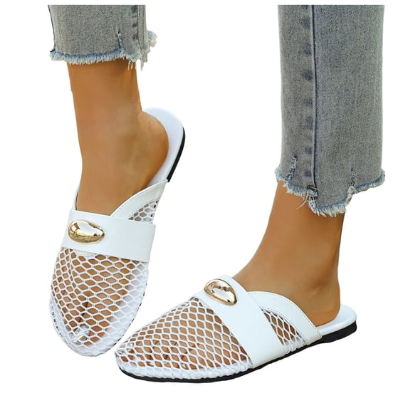 Rokment Womens Metallic Buckles Dressy Mules Backless Sandals Fashion Casual Leopard Leather Fishnet Mesh Patchwork Closed Toe Flat Slip on Summer Shoes White Size 9