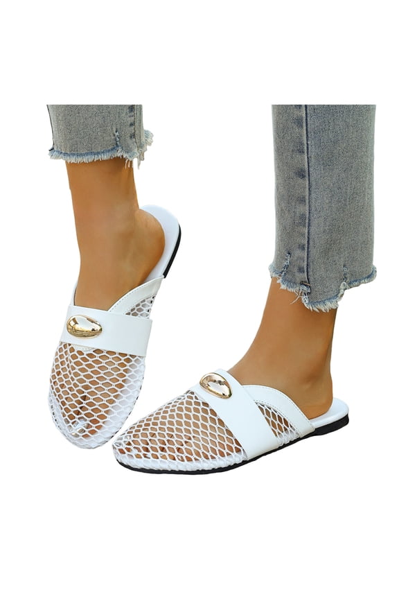 Womens Metallic Buckles Dressy Mules Backless Sandals Fashion Casual Leopard Leather Fishnet Mesh Patchwork Closed Toe Flat Slip on Summer Shoes White Size 7