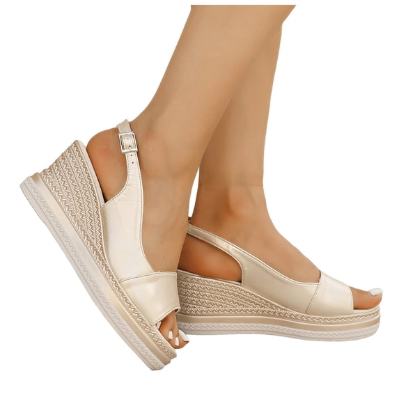 Rokment Womens Metallic Color Block Platform Wedge Dressy Sandals Vintage Casual Leather Peep Toe Chunky High Heels Slingback Dress Summer Shoes with Adjustable Back Strap for Ladies Beige Size 6