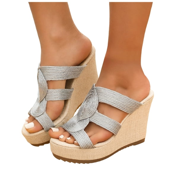 Rokment Womens Metallic Geometric Platform Wedge Slides Backless Dress Sandals Vintage Beach Boho Espadrilles Chunky High Heels Slip on Summer Shoes Silver Size 7