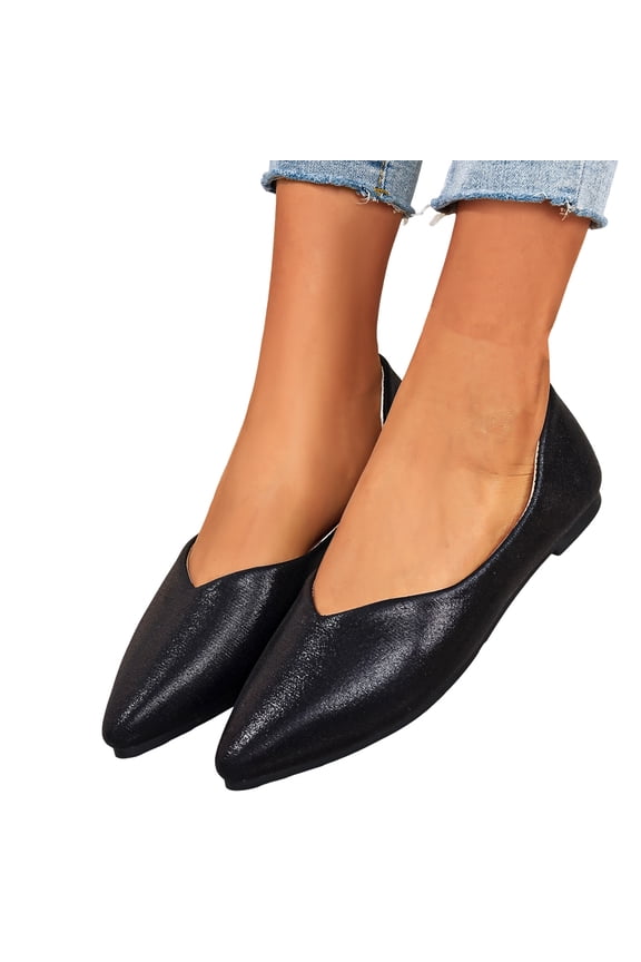 Womens Metallic Glitter Dress Shoes Ballet Flat Fashionable Casual Comfortable Leather Pointed Toe Slip on Loafers Bridal Wedding Formal Dressy Low Heels for Ladies Black Size 6